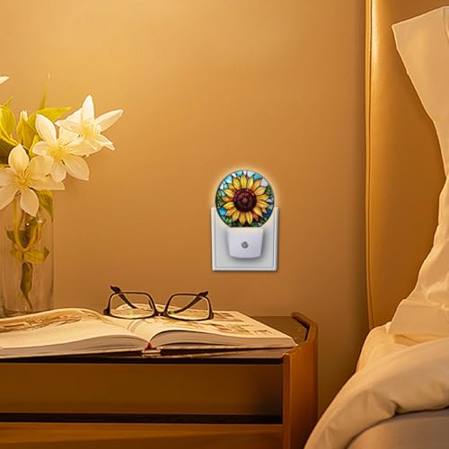 Image of Round LED Night Lights Lamp with Dusk to Dawn Sensor, Yellow Sunflower in The Center Night Light Plug Into Wall for Kids Room, Bedroom, Bathroom, Kitchen, Hallway