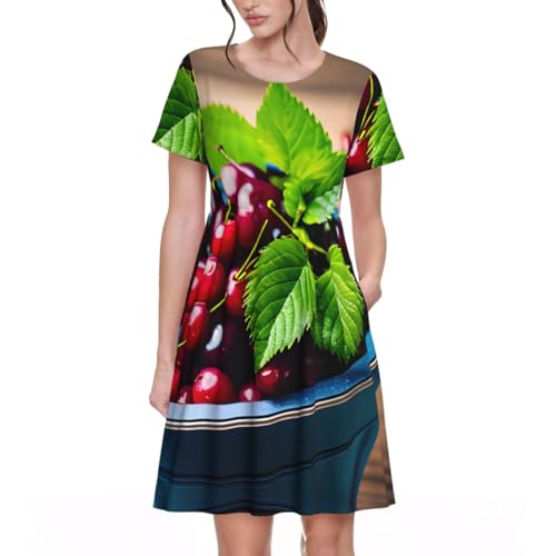 Vestido de mujer elegante con estampado de cerezas, vestido largo casual con bolsillos, vestido acampanado de manga corta, Negro -, M