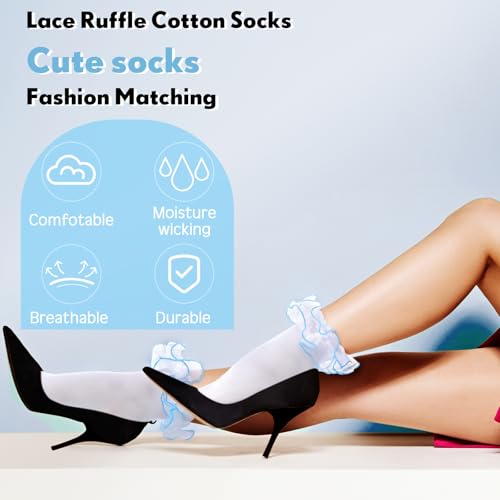 Image of Geyoga 3 Pairs Women Big Ruffle Socks Turn Cuff, Double Lace Ankle Cotton Frilly Socks for Ladies Summer