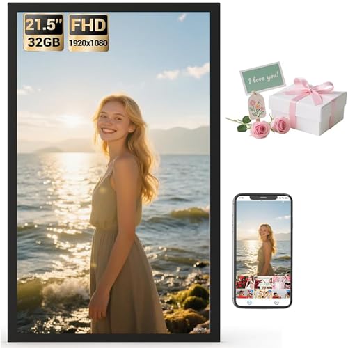 21.5" Large Digital Photo Frame WiFi, 32GB 1920x1080 IPS FHD 1080P, Auto Rotate, Share Photo Video via App Email, Free Cloud Storage, Wall Mounted, Gift for Grandparents Father Mother