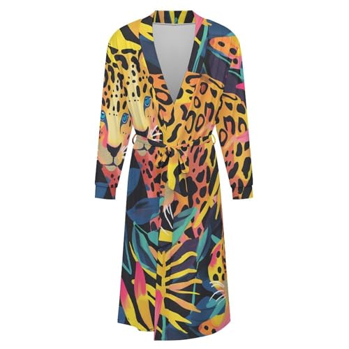 Cute Tropical Leopards Soft Robe Long Sleeve Bathrobes V Neck Sleepwear Spa Robes with Belt Men Woman4