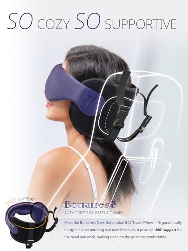 Image of Travel Pillow, Airplane Pillow with 3D Eye Mask for Sleeping, Round Edge Plane Head Strap 360Headrest Support for Long Flight, Stop Bobblehead, Travel Essential for Car Road Trip Purple