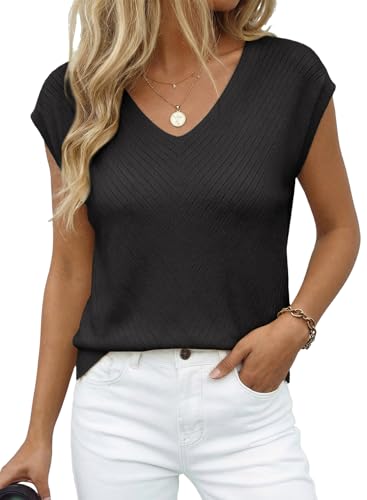 Image of Dokotoo Sweaters for Women 2026 Summer Eyelet Cap Sleeve Knitted Vest V Neck Business Casual Loose Pullover Tank Tops