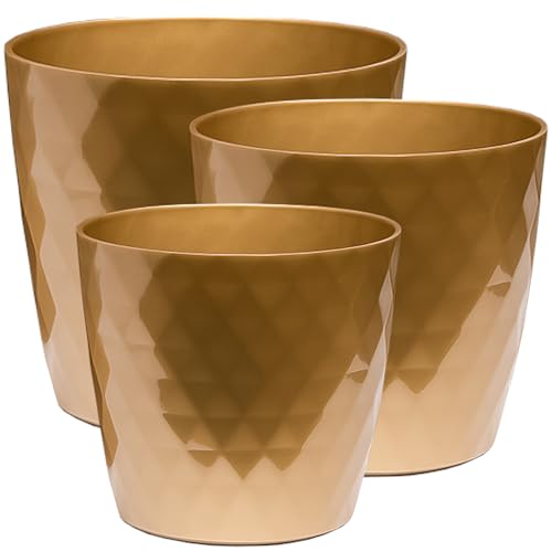 Home Garden Ornaments Maceta Dorado Juego de 3 Tamaños 14/16/18 cm - Macetas Plastico con Superficie de Cristal Brillante - Maceteros Exterior - Decorativa Macetero Interior (Dorado)
