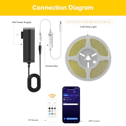 COB LED Strip 5M,Dimmable Dotless LED Strip Lights with Smart App and Remote,24V Cool White 6000K with Power Supply,8mm Wide,CRI>90 LED Lights for Indoor Room,Kitchen,cabinets,Mirrors - Image 5