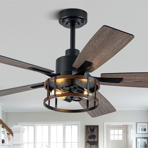 Image of 52'' Farmhouse Ceiling Fan with Light Rustic Caged Chandelier Fan