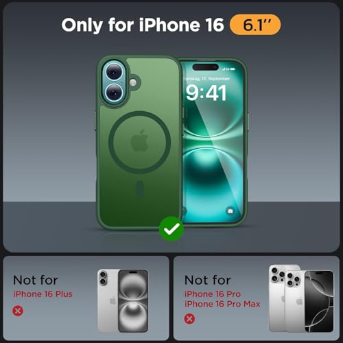 Image of Miracase Magnetic Series for iPhone 16 Case [Compatible with MagSafe] Military-Grade Protection, Anti-Fingerprint, Slim Phone Case for iPhone 16 6.1 inch - Dark Green
