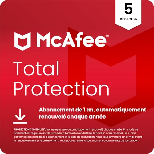 McAfee Total Protection 5 Appareil 2026 | Antivirus, VPN, Logiciel de sécurité | Abonnement d'un an, automatiquement renouvelé chaque année | Téléchargement numérique