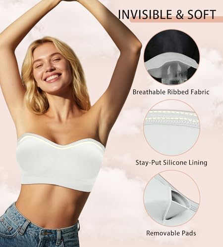 Strapless Bras for Women - Seamless Non-Slip Wireless Pad Bralette Clear Straps Tube Top Summer Bandeau Bra Pack2