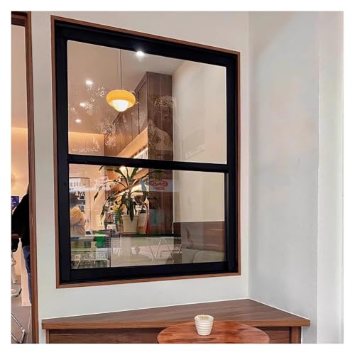 Ventana corrediza vertical con marco de aluminio con tamaños personalizables y soporte móvil, puerta de ventana de servicio de vidrio templado (negro 30 x 80 cm)