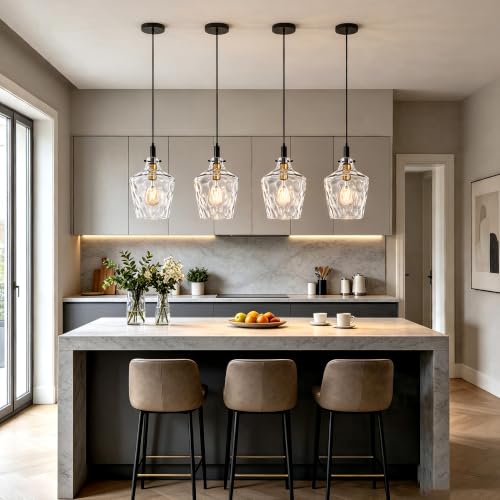 Image of Hammered Glass Pendant Light for Kitchen Island 2 Pack Black Gold 8 Inch | Adjustable cord Dimmable, E26 bulbs, Rust-resistant Damp Rated For Bathrooms, 5-Year Manufacturer Warranty, UL Certification