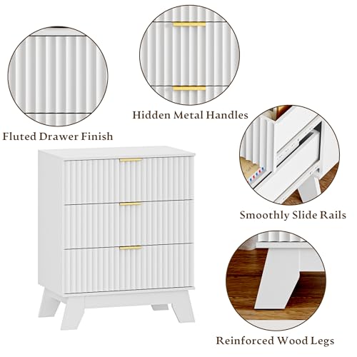 Image of HUANLEGO Fluted Nightstand with 3 Drawer for Bedroom, White | Mid Century Modern Beside Table with Metal Handle, Wooden End Table with 3 Drawers for Living Room, Closet, Entryway