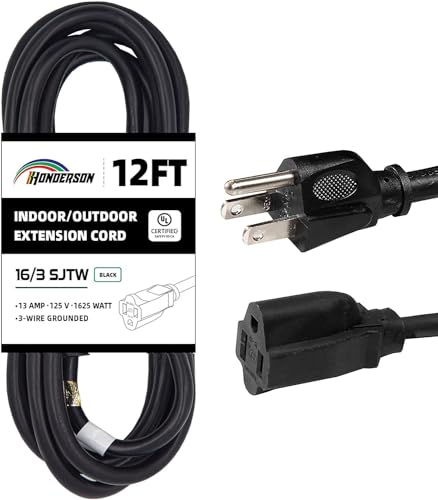 HONDERSON 12FT 16/3 Outdoor Extension Cord - 16 Gauge 3 Prong SJTW Black Extension Cord for Christmas Lights with 3 Prong Grounded Plug for Safety Great for Outdoor Decorations UL Certified
