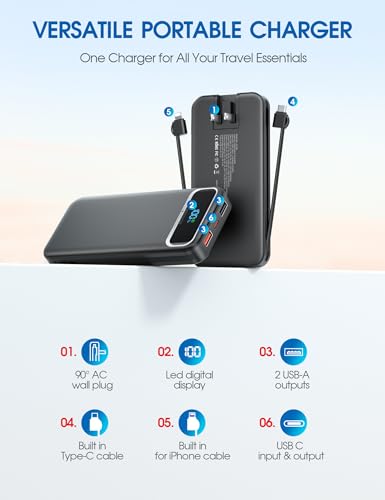 Image of Nusyddy Portable Charger 12000mAh 22.5W w /Built-in Cables & Wall Plug Black | 22.5W Fast Charging, LED Display, Pass Through Charging, TSA Approved, Portable & Slim, Power Bank for iPhone, iPad, Samsung