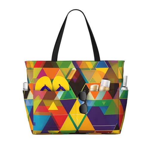 Colorful Geometric Print Large Beach Tote Bag Women Waterproof Sandproof Zipper Beach Tote Bag For Pool Gym Grocery Travel With Wet
