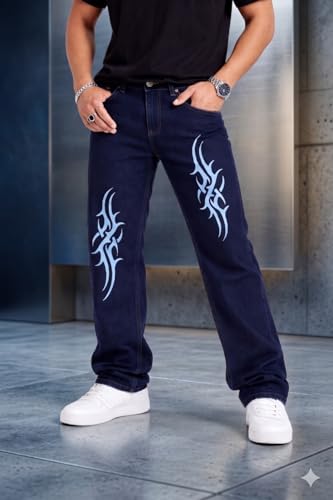 Image of Premium Men's Dark Blue Loose Fit Printed Jeans - Bold Tribal Graphic Streetwear Denim