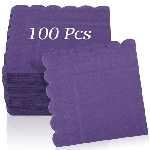 100 Pcs Cocktail Napkins 2-Ply 5 x 5 Inches Disposable Scalloped Napkins Thick Premium Dessert Napkins for Party Wedding Dinner Birthday Anniversary Festival (Purple)