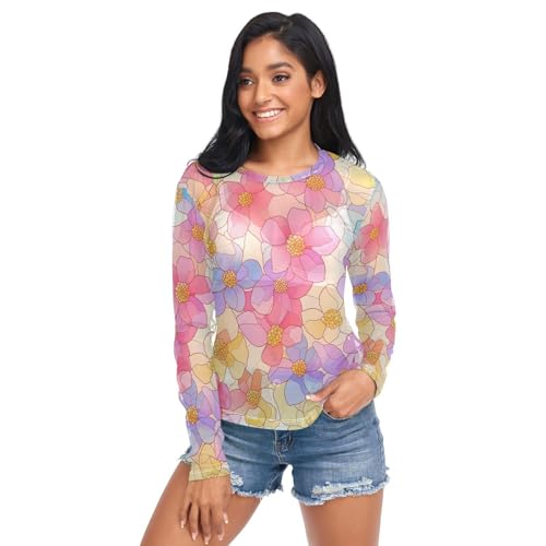 Women's See Through Tops Shirts, Glass Flowers Texture Stained