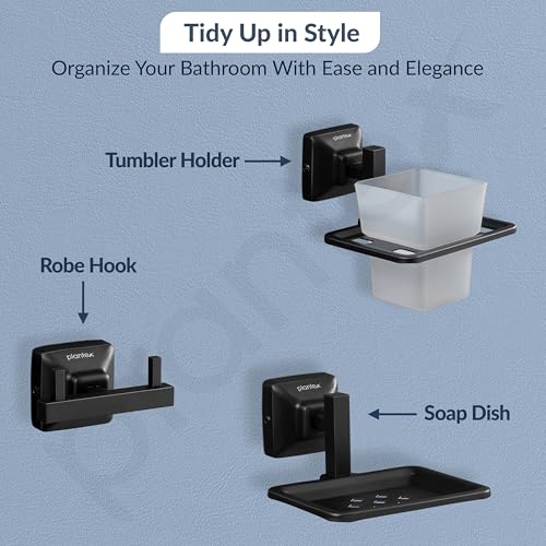Image of Plantex 304 Grade Stainless Steel Bathroom Accessories Set of 5 - Towel Stand /Napking Holder /Soap Holder /Toothbrush Stand /Robe Hanger - Squaro (Black)