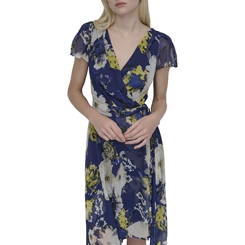 Image of DKNY Women's Flutter Sleeve Surplice Tie Fit & Flare Midi Dress