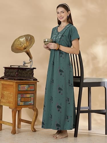 Image of 9shines Label Stylish Cotton Blend Embroidered Maxi Nightdress for Women with Pocket| Full Length Nightwear| Premium Nightdress| Comfortable Nightwear(5256)