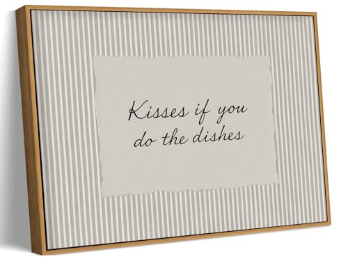 LJTYTHJA Vintage Framed Wall Art Kitchen Wall Decor Kisses If You Do The Dishes Prints Modern Farmhouse Canvas Art Striped Quote Pictures Artwork for Dining Room Pantry 8x10in