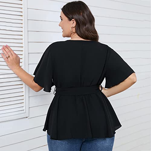 SCOMCHIC Women's Plus Size Short Sleeve V Neck Wrap Belted Ruffle Peplum Blouse Tops4