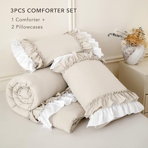Image of QSH Wheat White Ruffle Comforter King Size,3PCs Shabby Boho Chic Ruffled Bedding Comforter Set King Farmhouse French Country Bed Comforter Set Ultra Soft Microfiber Lightweight Vintage Rustic Bedding