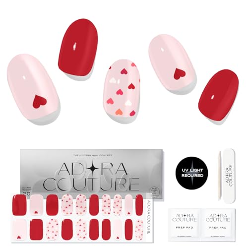 Adora Couture Semi Cured Gel Nail Strips with 20 Pieces, Salon Quality Nail Wraps for Women, Scarlet HeartUV Gel Nail Stickers, UV Light Required, Scarlet Heart