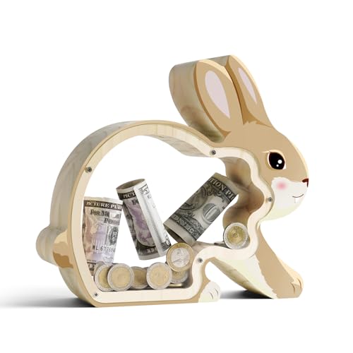 Wooden Bunny Piggy Banks for Kids, Unbreakable Rabbit Coin Bank for Kids with Letter Sticker, Wooden Cashbox Money Jar Personalizable Gift, Educatinal Toy for Boys, Girls