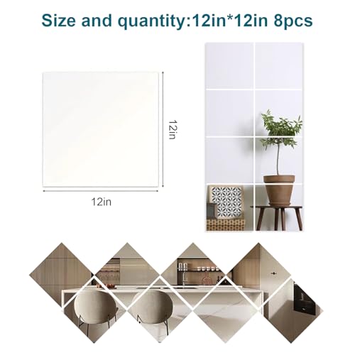 Image of 8 Pieces 12 x 12 Inch Shatterproof Acrylic Mirror Tiles, Self Adhesive Full Body Wall Mirrors for Bedroom, Home, Gym, Bathroom and Living Room, Unbreakable Flexible