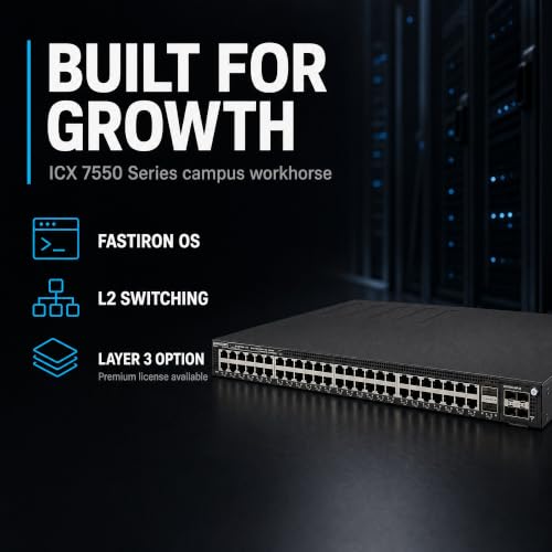 Image of Ruckus ICX7550-48P-E2 Managed Switch, 48x Gigabit PoE+, 2x 40GbE QSFP+ + Modular Expansion Slot Uplinks, up to 1900W Power Budget - Stackable Campus Switch, 40 /100G Uplinks, Multigigabit PoE++ Ready