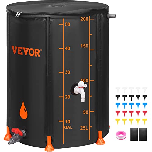VEVOR 53 Gallon Collapsible PVC Rain Barrel, Rainwater Collection System with Overflow Kit, Black