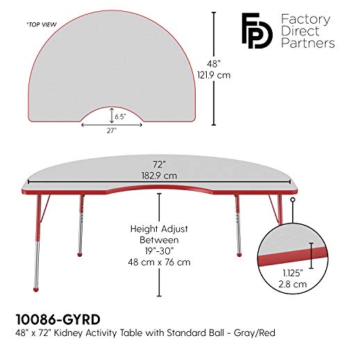 Image of FDP Kidney Activity School and Office Table (48 x 72 inch), Standard Legs with Ball Glides for Collaborative Seating Environments, Adjustable Height 19-30 inches - Gray Top and Red Edge