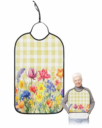 LEOKOTI Yellow Plaid Tulip Adult Bibs for Eating, Waterproof Bibs with Food Catcher & Adjustable Snap Closure, Spring Floral Watercolor Botanical Washable Clothing Protectors Adult Bibs for Elderly