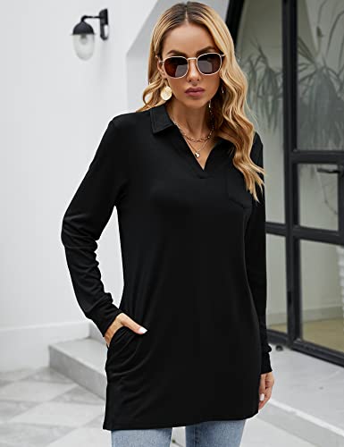 Mateam Tunic Tops To Wear With Leggings Womens Tops Business Casual Tops For Women Long Sleeve Collared Shirt Women Black M #TOP3