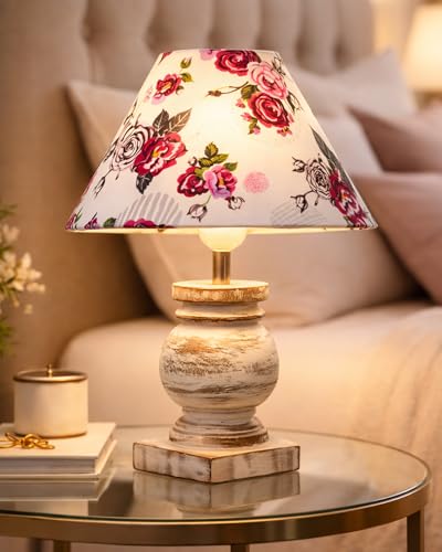 Image of Homesake Small Table Lamp with White Wooden Base, E27 Holder Bedside Night Lamp for Bedroom Living Room, Decorative Study Desk Lamp Office, Warm Ambient Lighting for Home Decor, Gift (Rose)