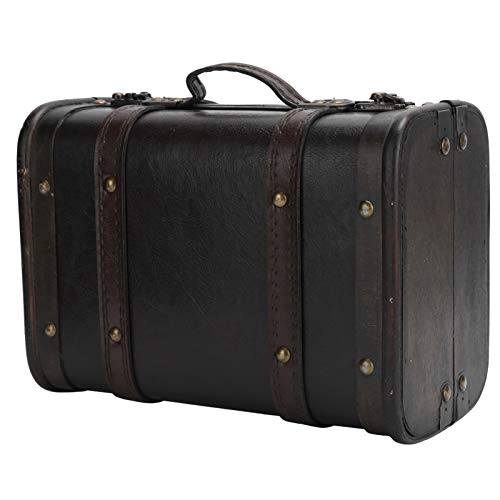 Baúl de almacenamiento de madera decorativo vintage, baúl de maleta de madera antigua con correas de cuero sintético, caja rústica para decoración del hogar, accesorios para eventos (S)