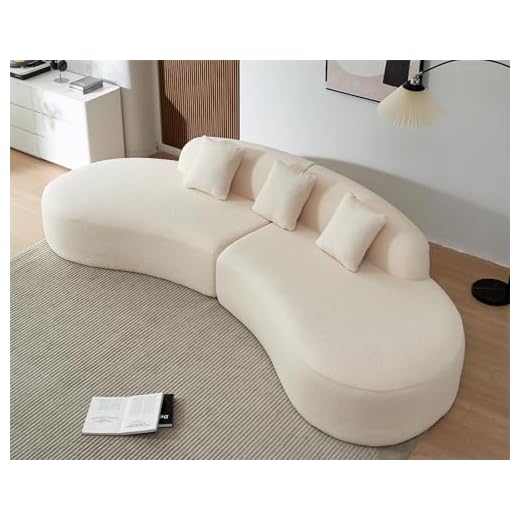 BBTJOINT Modern Curved Sectional Sofa, Boucle Fabric Boneless Couch, Oval Shape Chaise Lounge for Living Room with 3 Throw Pillows, Cream White
