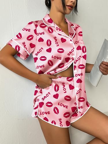 Image of Ekouaer Womens Silk Satin Pajama Set Print Short Sleeve Sleepwear Button Down Pjs Shorts Set Loungewear