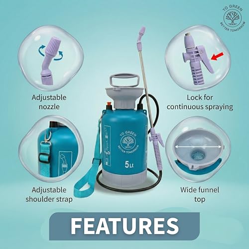 Image of Yo Green 5L Pressure Sprayer - Super Pump Spray Bottle for Gardening, Lawn & Indoor Plants, Adjustable Mist /Jet Nozzle, Durable Hand Compression Watering Can
