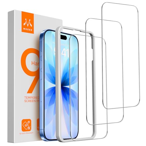 Mkeke 3 Pack Screen Protector for iPhone 17 6.3', [9H+ Tempered Glass] [Military-Grade Drop Protection][Easy Installation Frame] HD Clear, Anti-Scratch, Bubble Free