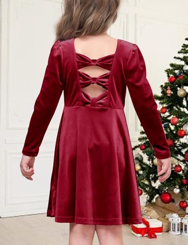 Happy Cherry Girls Velvet Dress Crew Neck Bow Back Long Sleeve Princess Christmas Birthday Party Wedding Dresses3