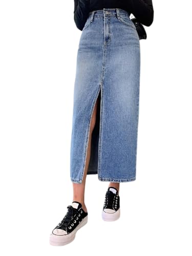 Leriya Fashion Women High Waist Denim Midi Skirt with Front Slit ...