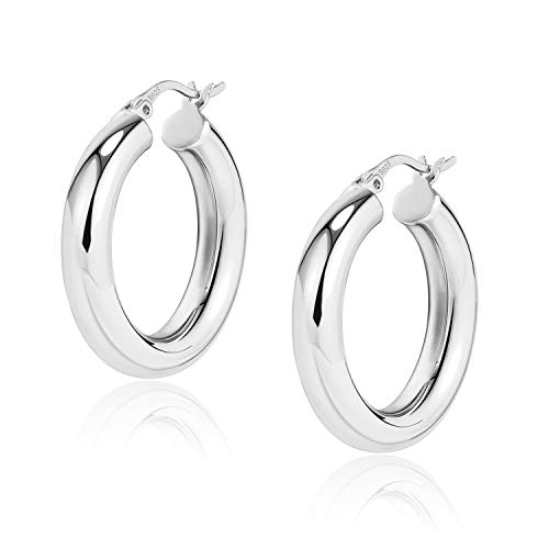 LANCHARMED Chunky Silver Plated Hoop Earrings,Classic Thick Shiny Polished Round-Tube Lightweight Hoop Earrings with 925 Sterling Silver Post for Women Girls Gift, Diameter 30mm