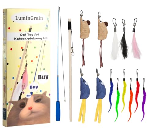 Katzenspielzeug Set 15-teilig – Katzenangel mit Feder- & Mäuseköpfen – Verstellbare Angel für interaktiven Spielspaß & Selbstbeschäftigung