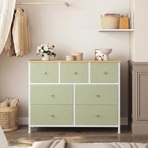 Image of OLIXIS 7 Drawer Dresser for Bedroom, Tall Fabric Storage Tower with Sturdy Steel Frame and Wooden Top, Large Dresser for Living Room Entryway with Easy Pull Fabric Bins,Light Green