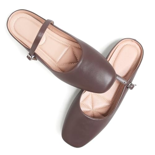 Image of TN TANGNEST Leather Flats for Women Retro Mary Jane Flats | Comfortable Square Toe Slip On Flats with Buckle Strap, Soft Work Flats Office Shoes