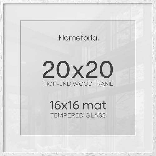 Image of Homeforia 20x20 White Picture Frame, High End Oak 20 x 20 Square Wood Frames with Mat 16 by 16 inches Photo, 20by20 White Wooden Poster Frames Matted to 16x16 Print, Tempered Glass, Wall Kit, Set of 2
