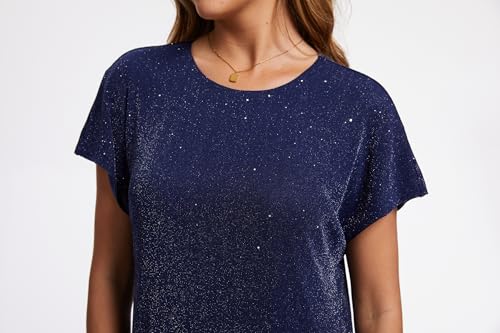Image of Women's Crewneck Sequin Shift Dress Short Sleeve Casual Holiday Sparkly Party Dress